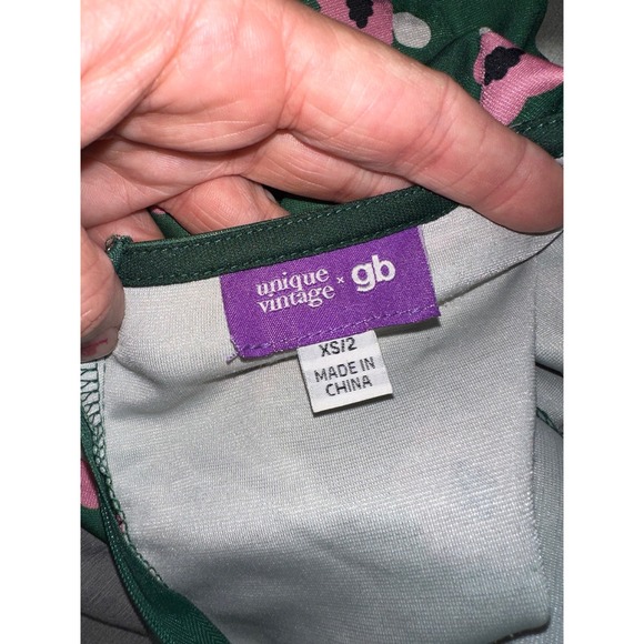 Unique Vintage GB Fit and Flare Dress XS‎ Floral Green Pink Flower Power - Picture 5 of 6